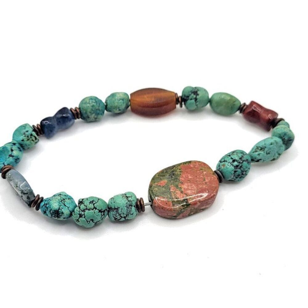 Gemstone Dyed Howlite Green Veined Agate Lapis Chalcedony Bracelet 7in